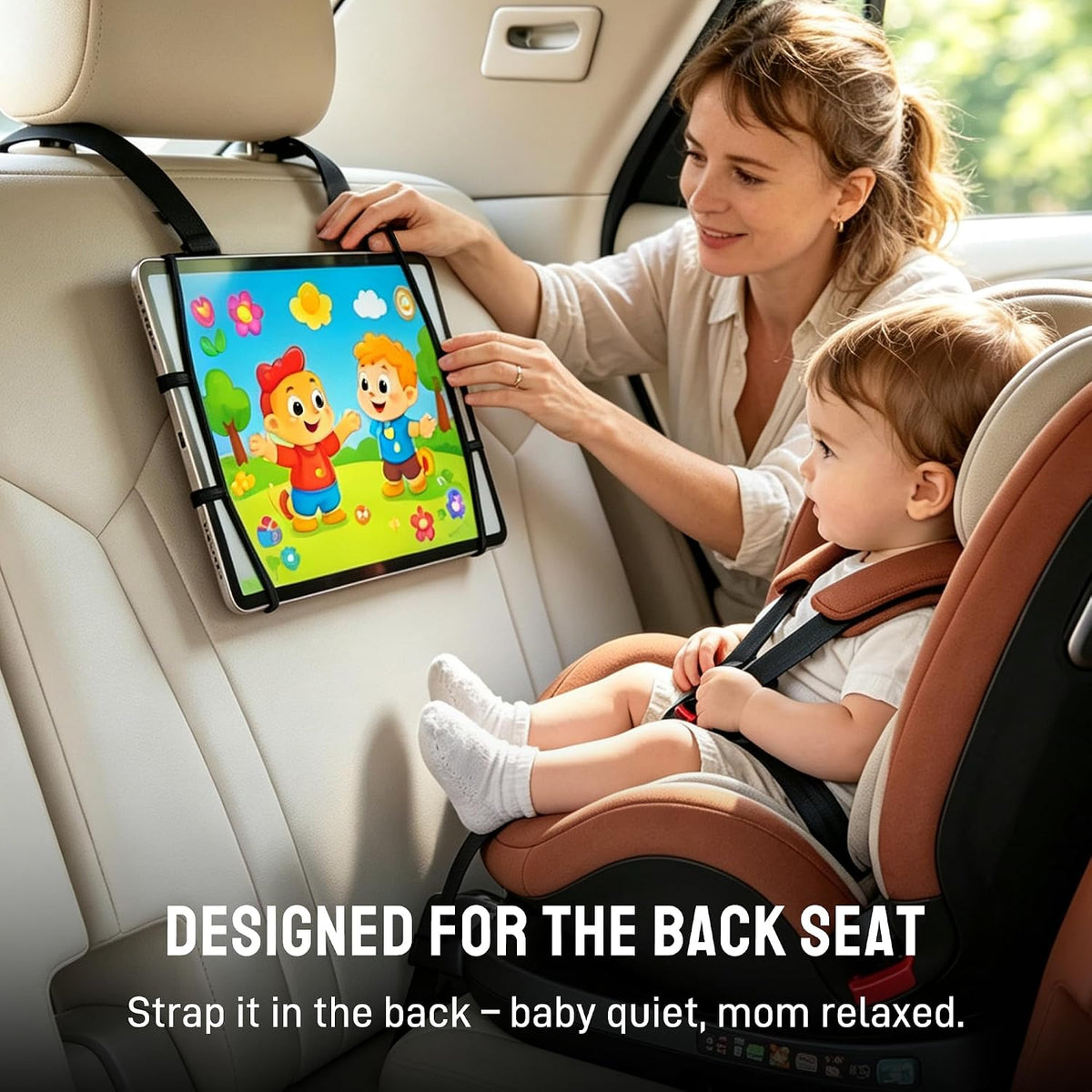 Silicone Car Tablet Holder,13.4" Adjustable Headrest Strap Mount Fits All 7.5-12.9" Tablets,Anti-Slip&Non-Glare Design,Back Seat Car Headrest Mount for Ipad/Kindle, Washable Portable