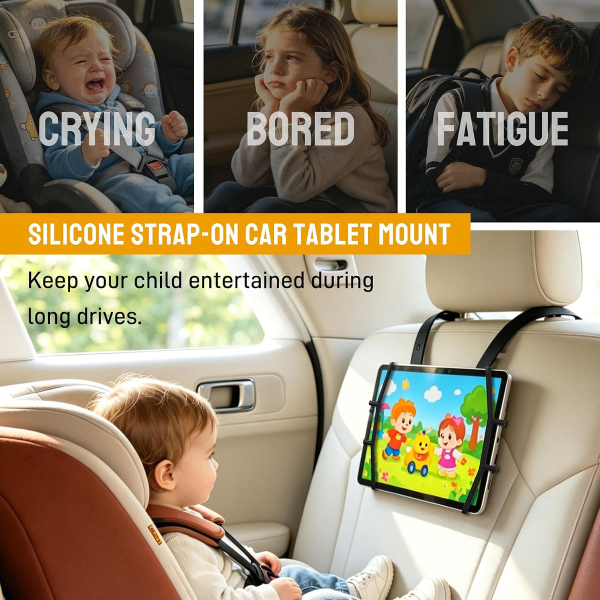 Silicone Car Tablet Holder,13.4" Adjustable Headrest Strap Mount Fits All 7.5-12.9" Tablets,Anti-Slip&Non-Glare Design,Back Seat Car Headrest Mount for Ipad/Kindle, Washable Portable