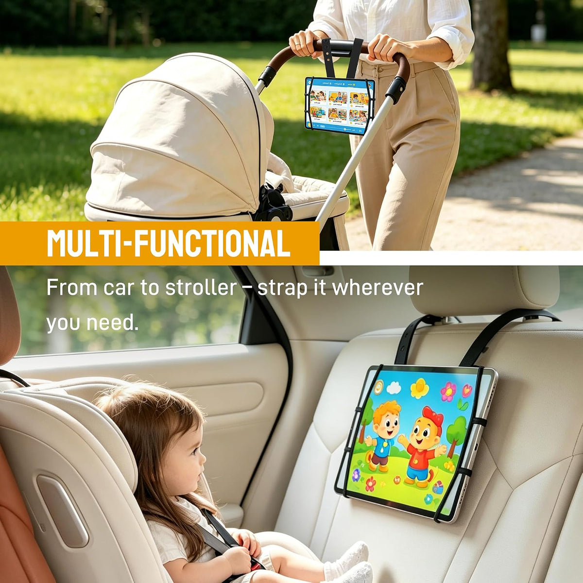 Silicone Car Tablet Holder,13.4" Adjustable Headrest Strap Mount Fits All 7.5-12.9" Tablets,Anti-Slip&Non-Glare Design,Back Seat Car Headrest Mount for Ipad/Kindle, Washable Portable