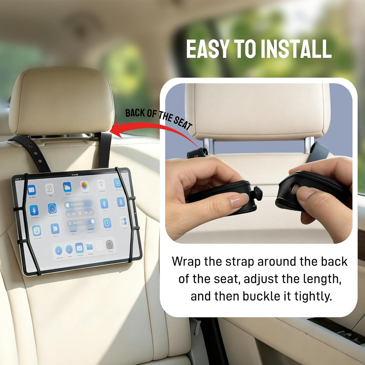 Silicone Car Tablet Holder,13.4" Adjustable Headrest Strap Mount Fits All 7.5-12.9" Tablets,Anti-Slip&Non-Glare Design,Back Seat Car Headrest Mount for Ipad/Kindle, Washable Portable